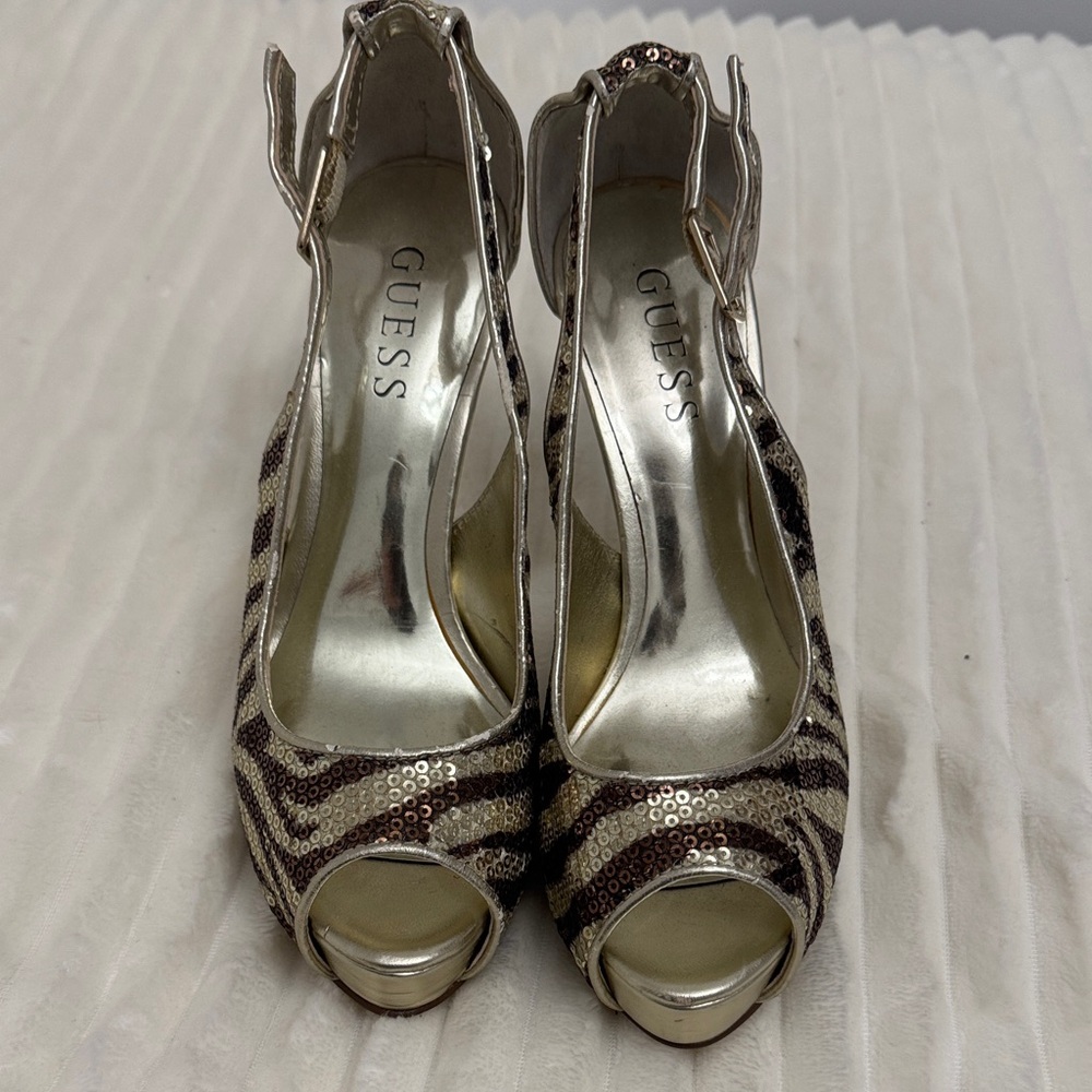 GUESS Sequin Peep-Toe Heels in Gold and Brown Zebra Pattern